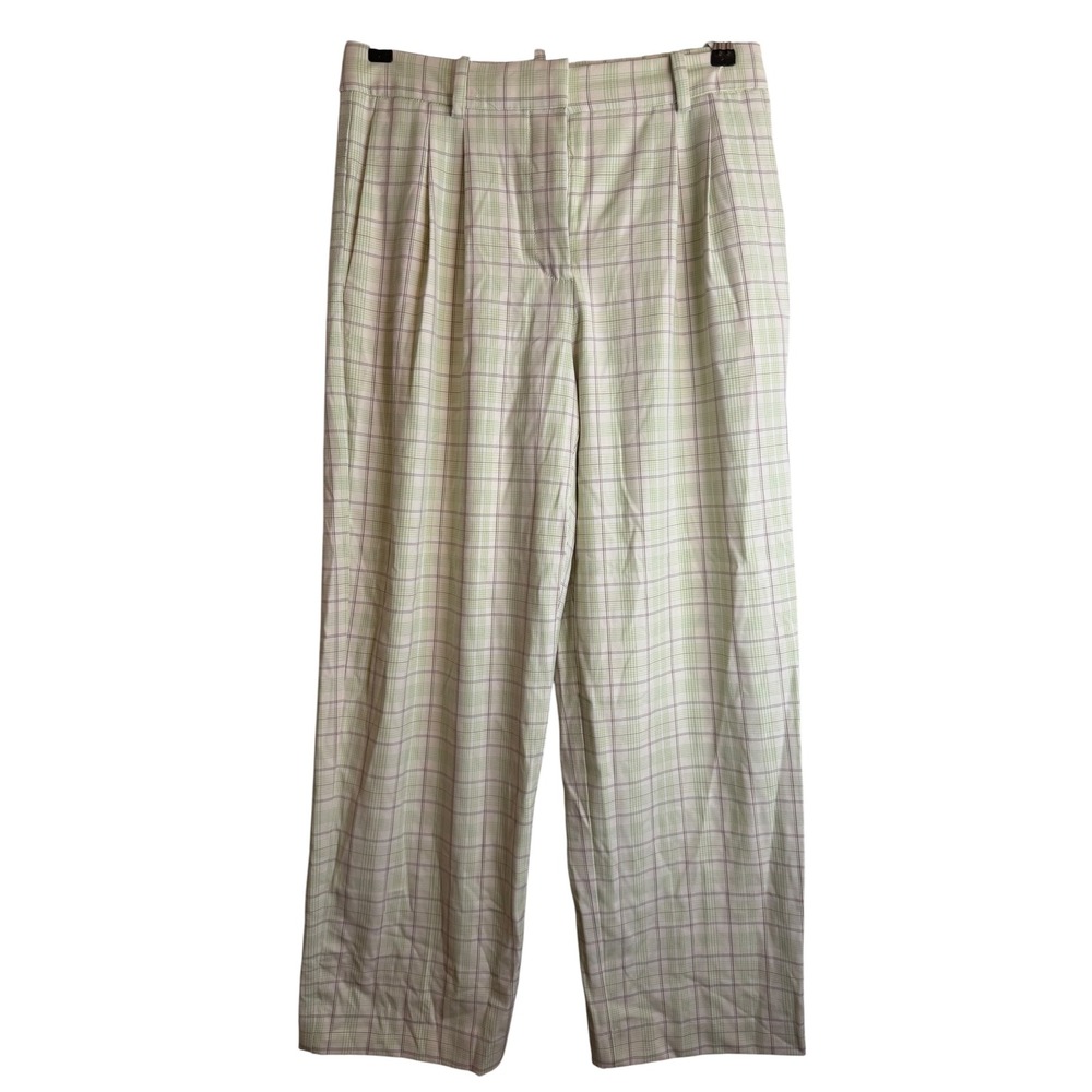 Aritzia Sunday Best Green Plaid Pleated Wide Leg High Waisted Trousers Pants 8